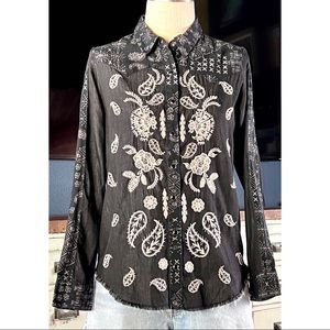 Johnny Was Mahalia Western Mixed Print Black Embroidered Shirt XS
